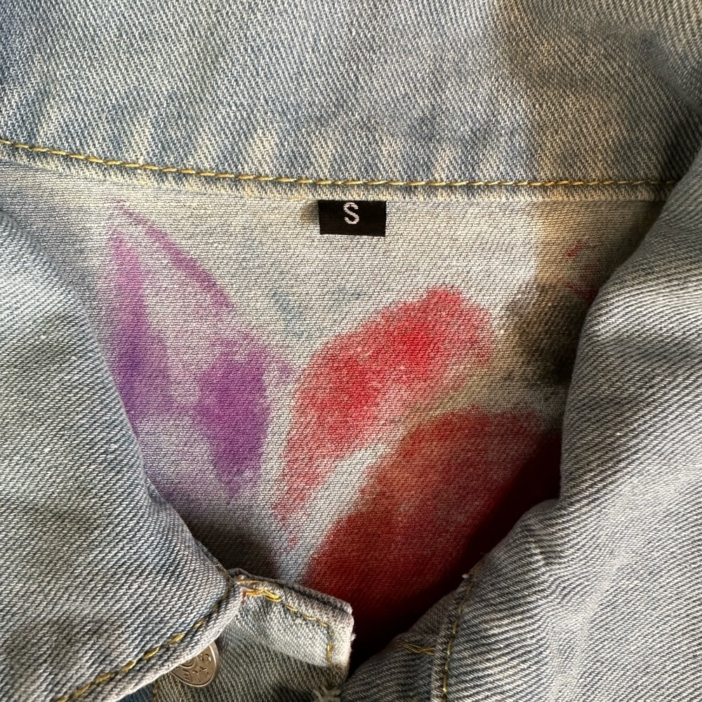 Handpainted modern art cubist style on denim jean jacket OOAK sz SM/MD - Picture 12 of 12